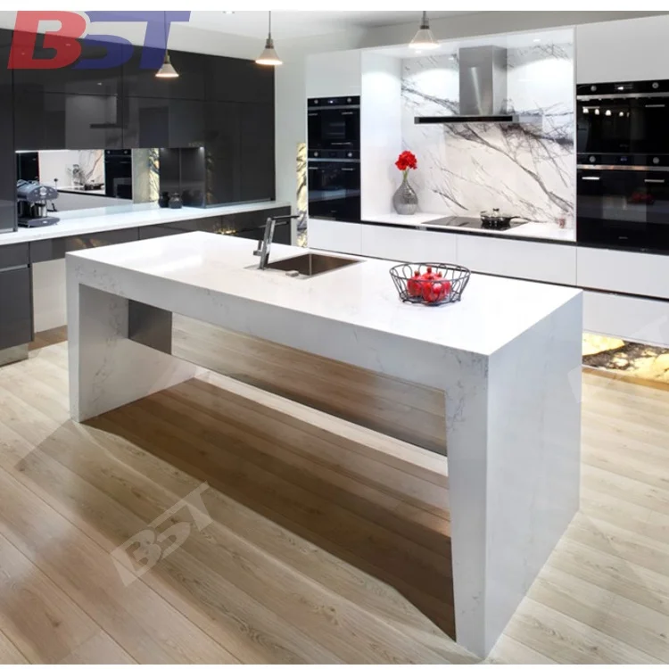 Simple straight shape kitchen island table designs artificial marble white modern kitchen island bench top table