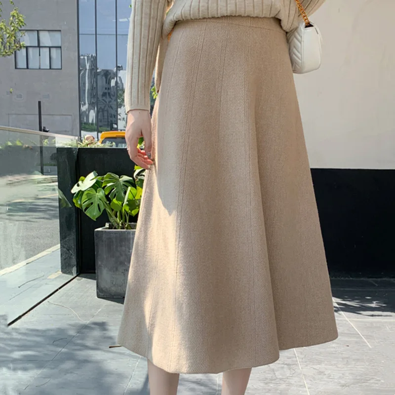 Women High Waist A Line Skirts Autumn Winter Warm Solid Pleated Skirts Fashion Midi Skirts For Woman