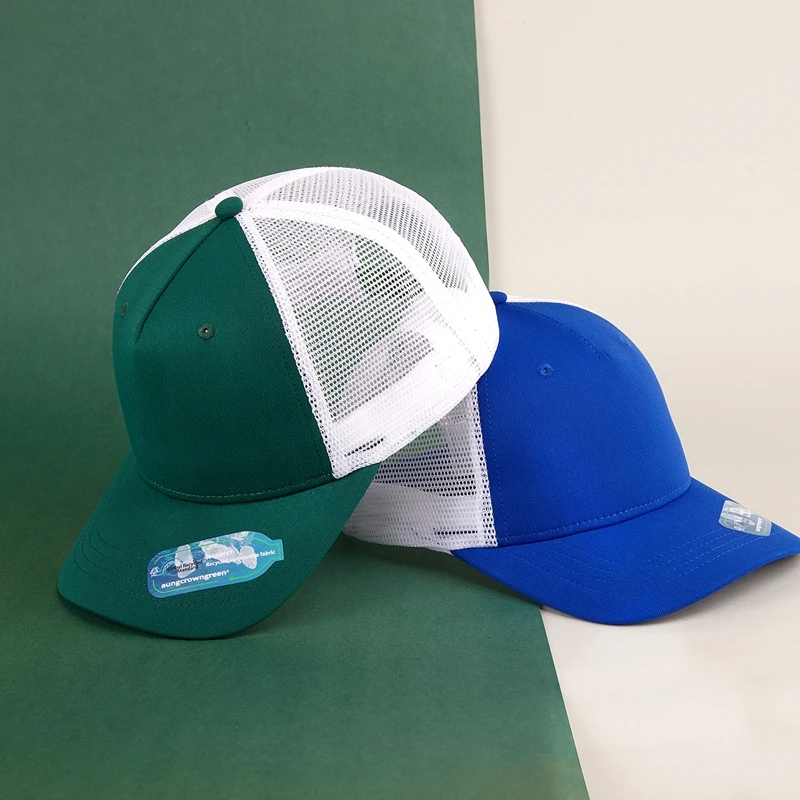 Breathable structured sustainable eco RPET fabric mesh cotton twill high crown 5 panel recycled trucker hat