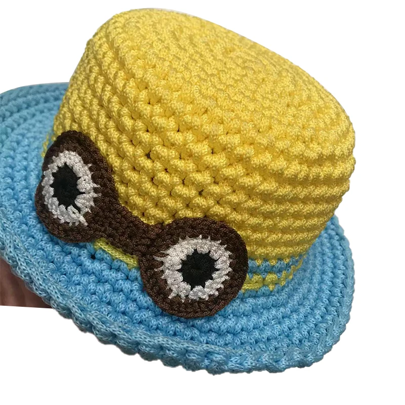 Luxury Summer Beach Crochet Knit Yellow And Blue Contrasting Colors Kids Bucket Hats Unisex Handmade Sun Bucket Hat