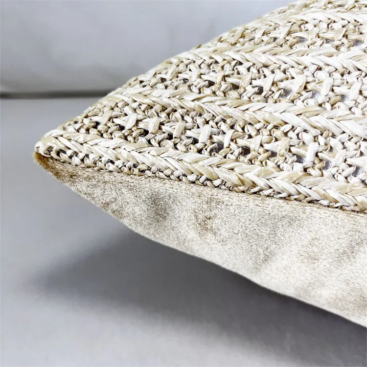 Farmhouse Use Straw Plaited Article Woven Boho Cushion Cover High Grade Handmade Pillow Cover Velvet Back Fabric
