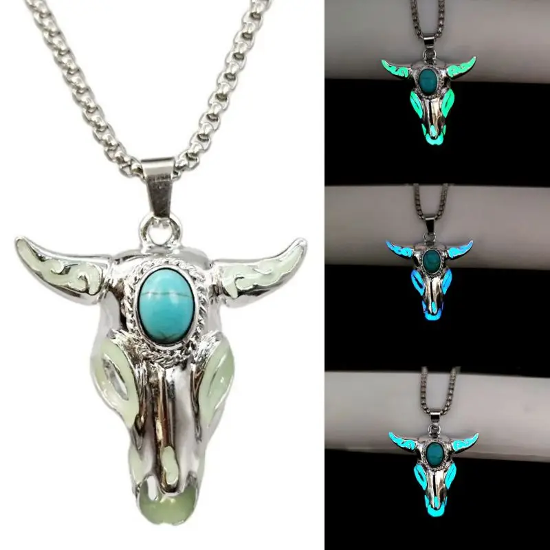 Luminous Skull Cow Head Night Lights Pendant Necklaces for Men Turquoise Glow in the Dark Cow Necklace