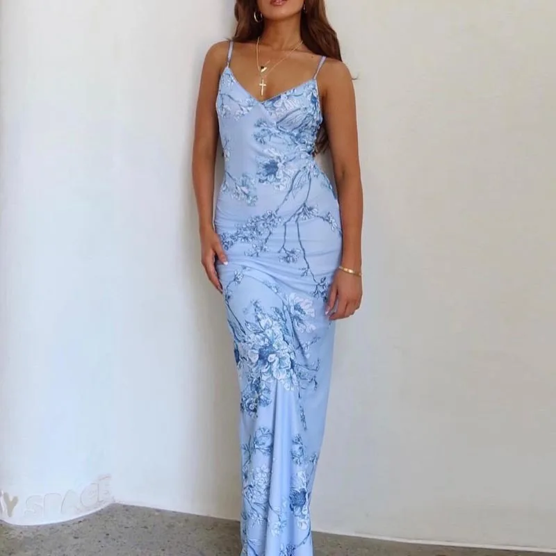 Women Summer Clothing Sexy V Neck Halter Dress Long Digital Print Pencil Dresses