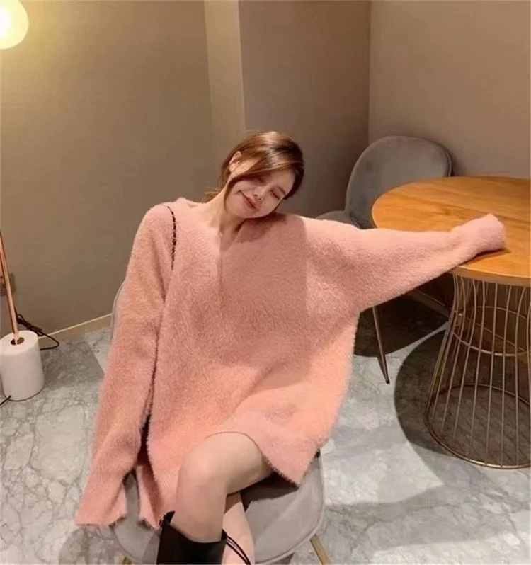 Hot Sale Winter Mink like Sweaters Women Plus Size Pullover V neck  loose size Sweater mohair sweater