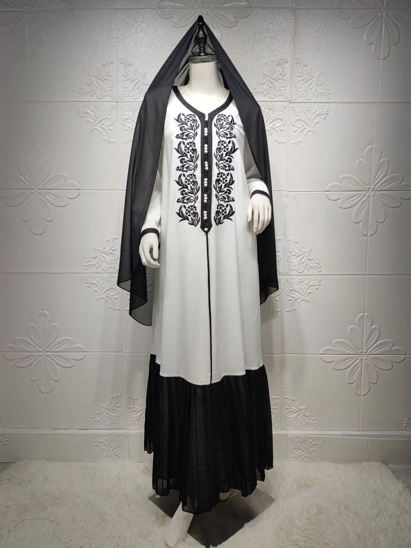 Middle East Dubai Clothes Summer Elegant Embroidered Long Sleeve Islamic Women Dress Chiffon Mesh Patchwork Muslim Hijab Dress