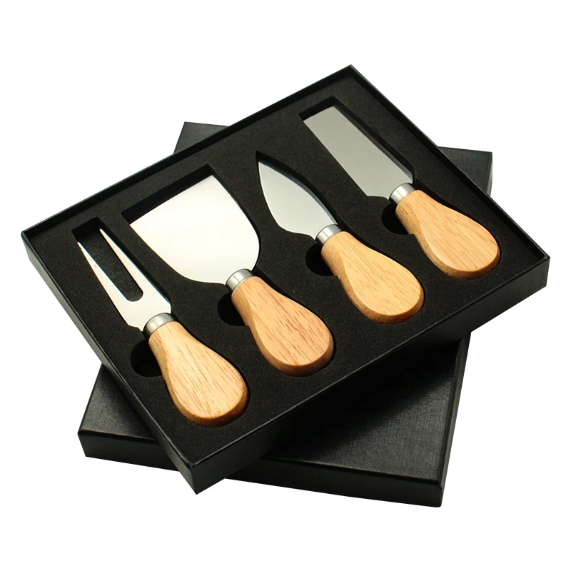 Unique Natural Wood Round Board  4pcs Cheese Knife Tool  Cutter  Butter Spatula  Set with gift box