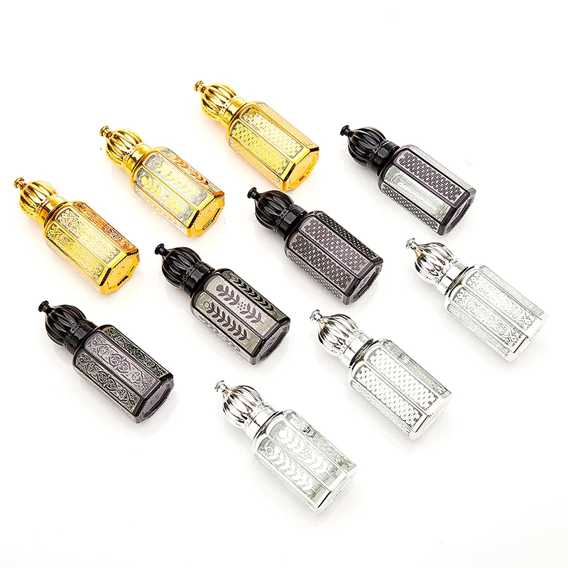 Exquisite 6ml 9ml 12ml Arabic octagonal shape gold silver black embossed roller ball essential oil bottles