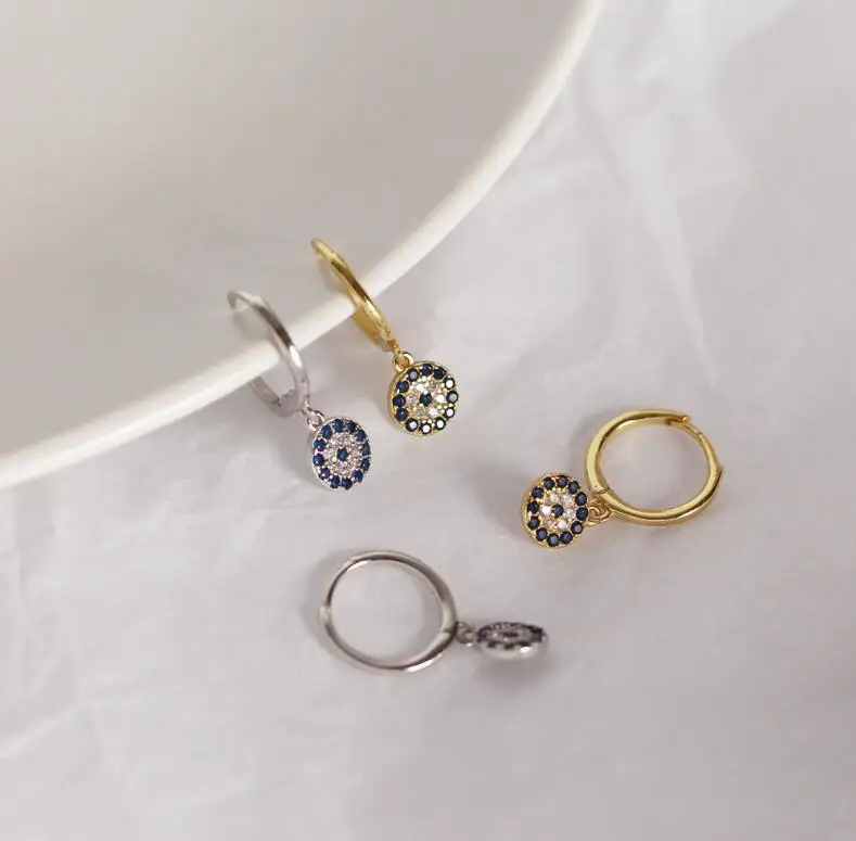 Trendy 925 Sterlings Silver Small Hoops Mini Paved Coin Disc Blue Crystal Stone Nickel Free Earrings