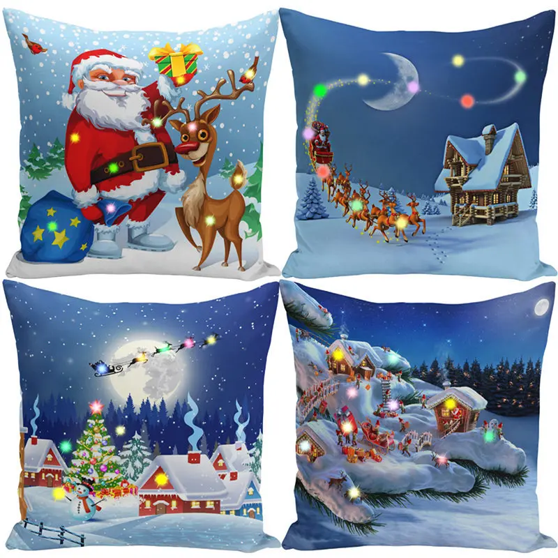 Blue Cushion Cover LED Merry Christmas Throw Pillow Case Super Sofa Light Up Cushion Cover
