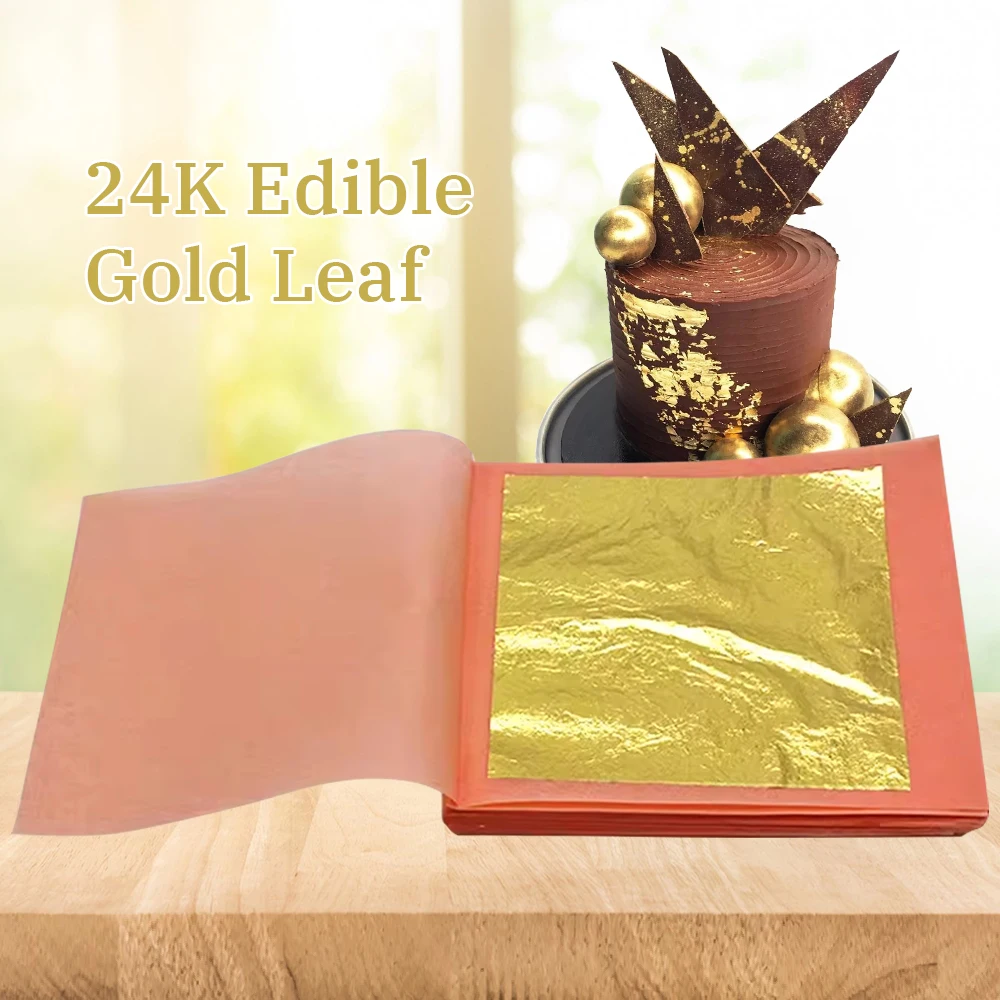 24K Edible Gold Leaf 8*8Cm Pure Metal Foil Gold Leaf Sheets For Skin Care Food Drink Art Decoration Cake