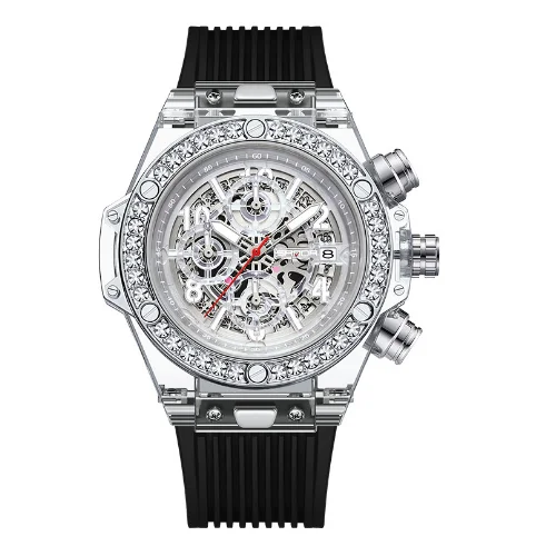 Top Brand Men Luxury Waterproof perspective window Silicone diamond  Watches Black Mens Quartz Wrist Watch Reloj de hombre