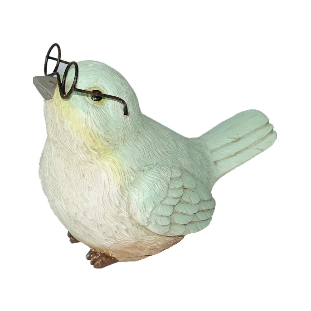 Cute House Sparrow Bird Statue Handmade Resin Bird Figurine with Metal Glasses Tabletop Decoration