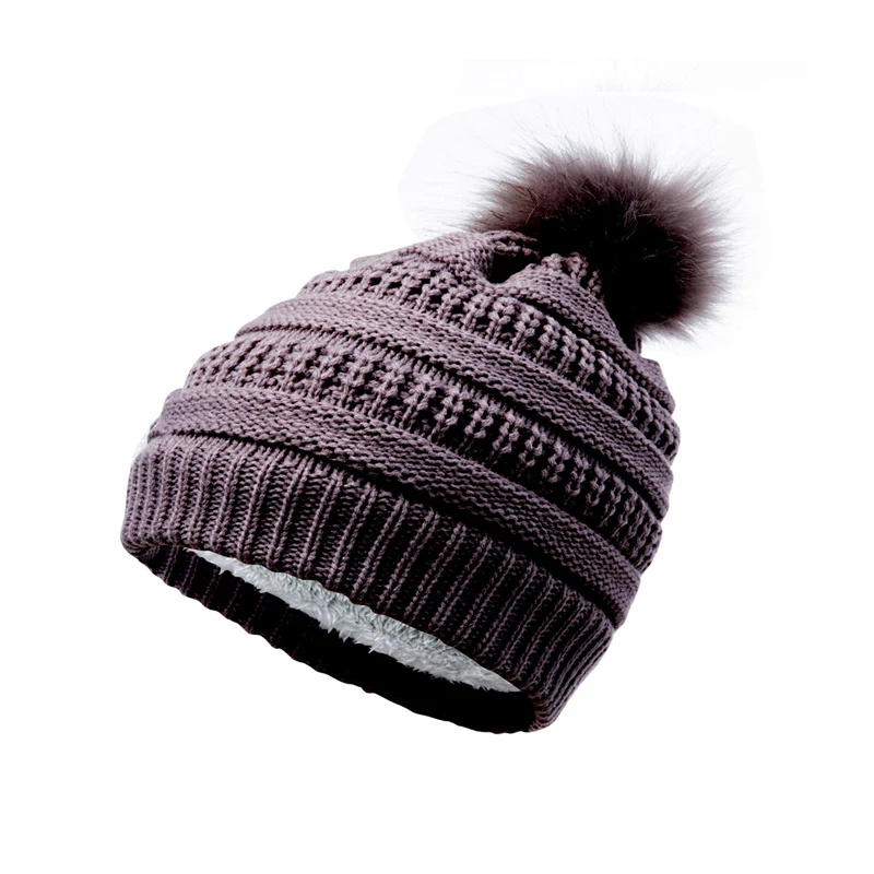 Kids Winter Embroidery Children Hat Custom Logo Baby Pom Pom Beanie Hats Beanies Fleece Lined Faux Fur Pom Warm Knit Skull Cap