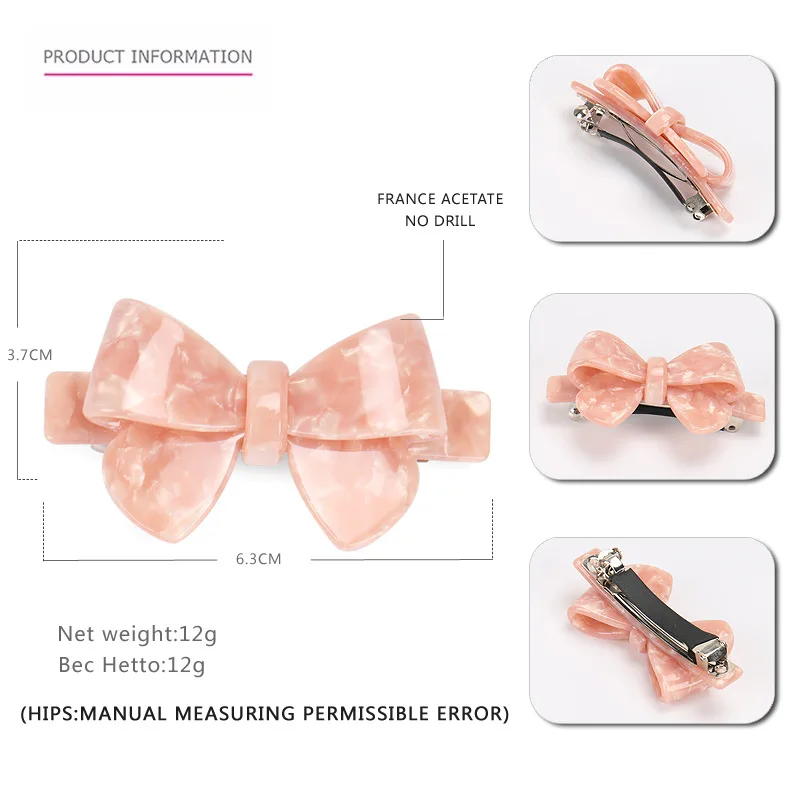HONEY 6.3CM Small Bow Hair Barrette 7Colors Candy Colors Hair Barrette Clip Cellulose Acetate Bow Hair Clip for Women