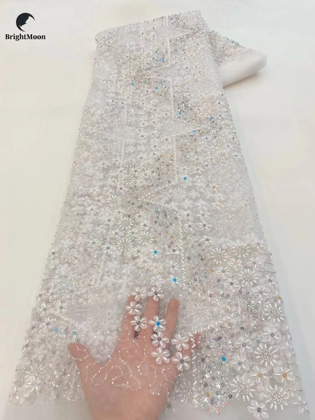 Heavy beads embroidery flower sequins tulle lace women mesh lace fabric for wedding dress