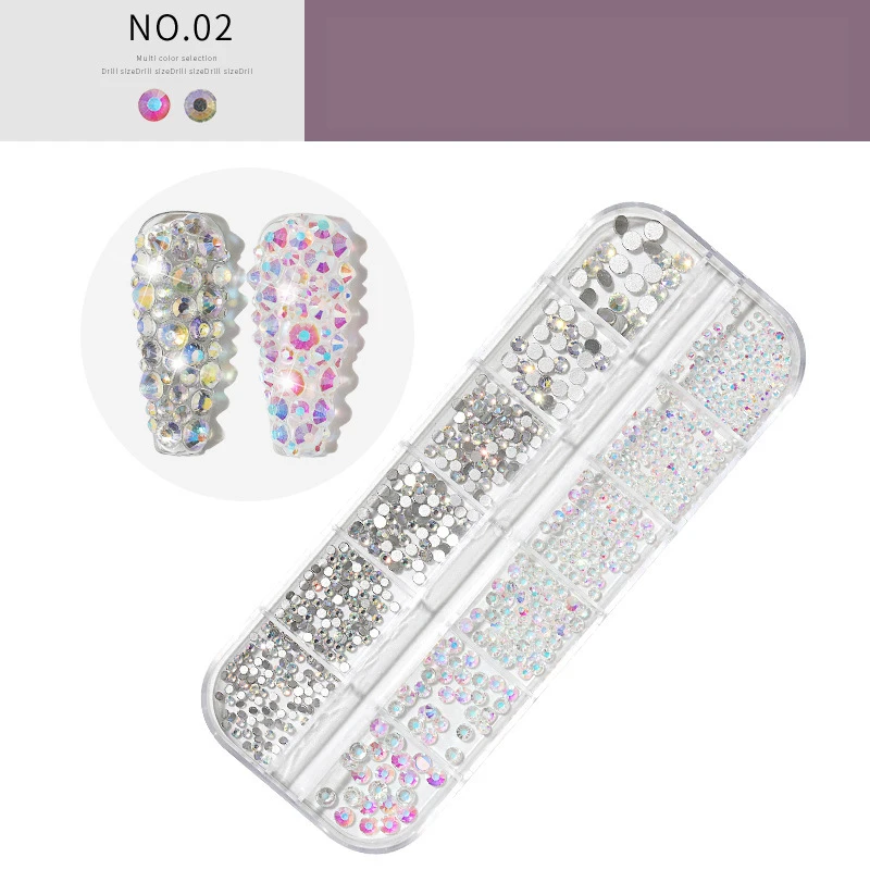 Nail Art 12 Grid Round Nail Art AB Flat Back Rhinestone Mix Size Color 3D Diamond Accessory