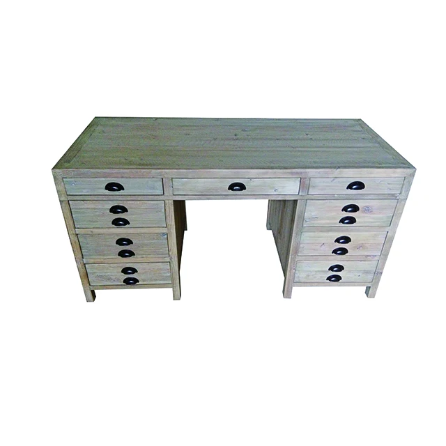 
Antique Traditional Customizable Solid Recycled Fir 9 Drawer Twin Pedestal Desk 