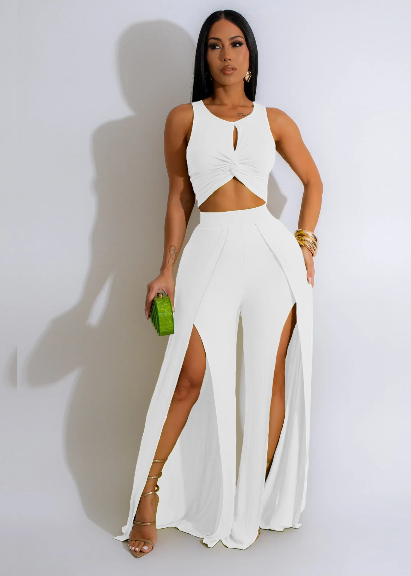 GX468 Fashion Boutique Ladies Street Wear Women Elegant Sleeveless Hollow Out Cropped Top and Split Sexy Pant 2 Piece Set