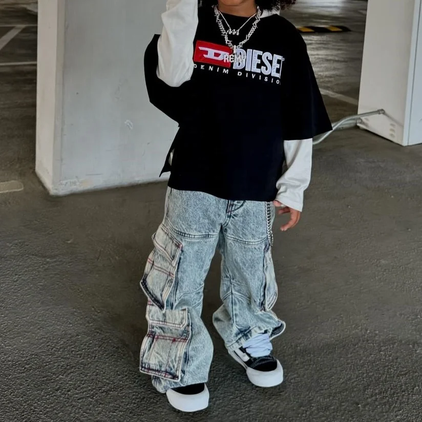 Wholesale Streetwear Customize Kids Clothe Denim Pants Boy Oversize Cargo Jeans
