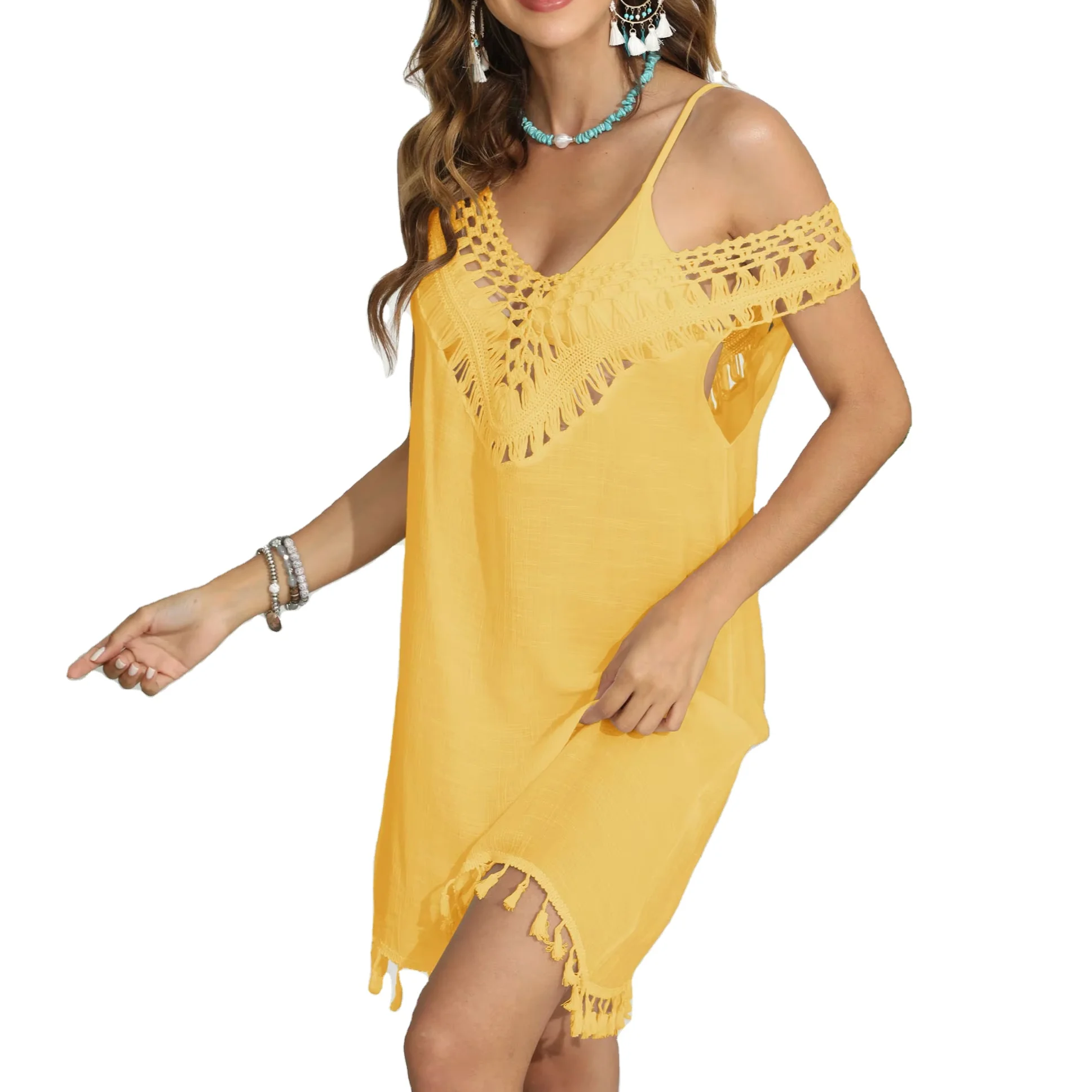 In Stocks Factory Sexy Solid Skirt Short Tunic Beach Dresses with Tassels hollow handmade Crochet Swimsuit Cover Up for Women