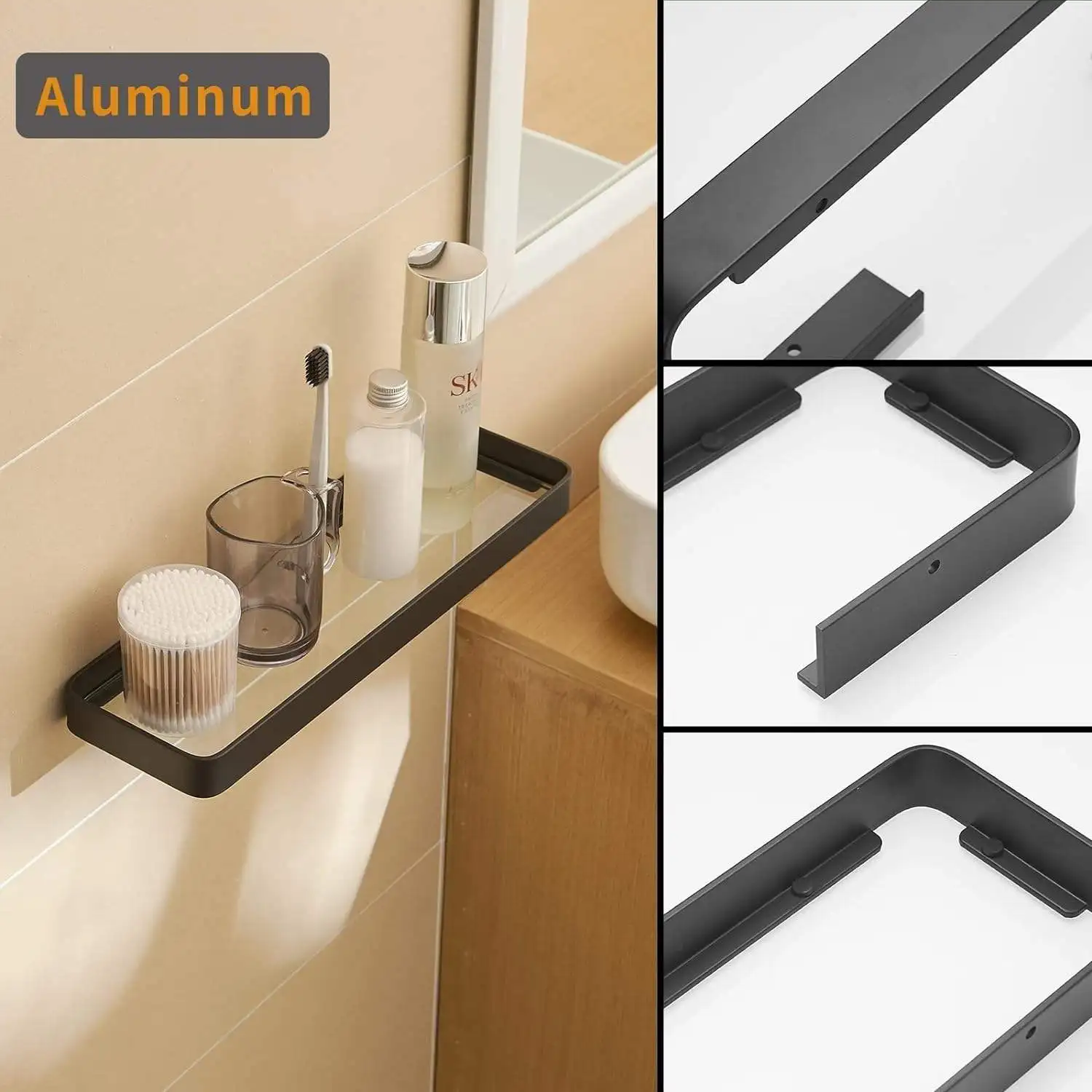 Black 2 Tier Glass Bathroom Shelves Wall Mounted Floating Shelves for Bathroom Wall Storage Organizer