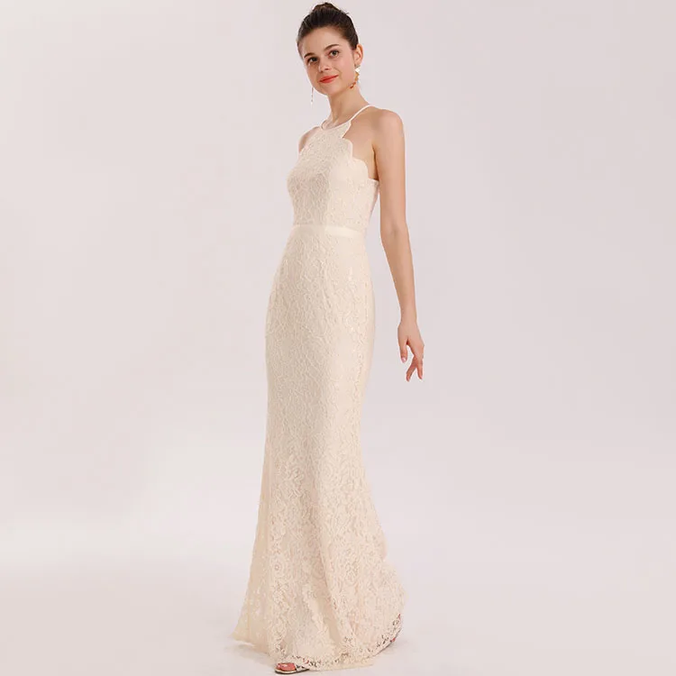 Customization lace halter sleeveless zipper fish tail beige wedding long party dress for women