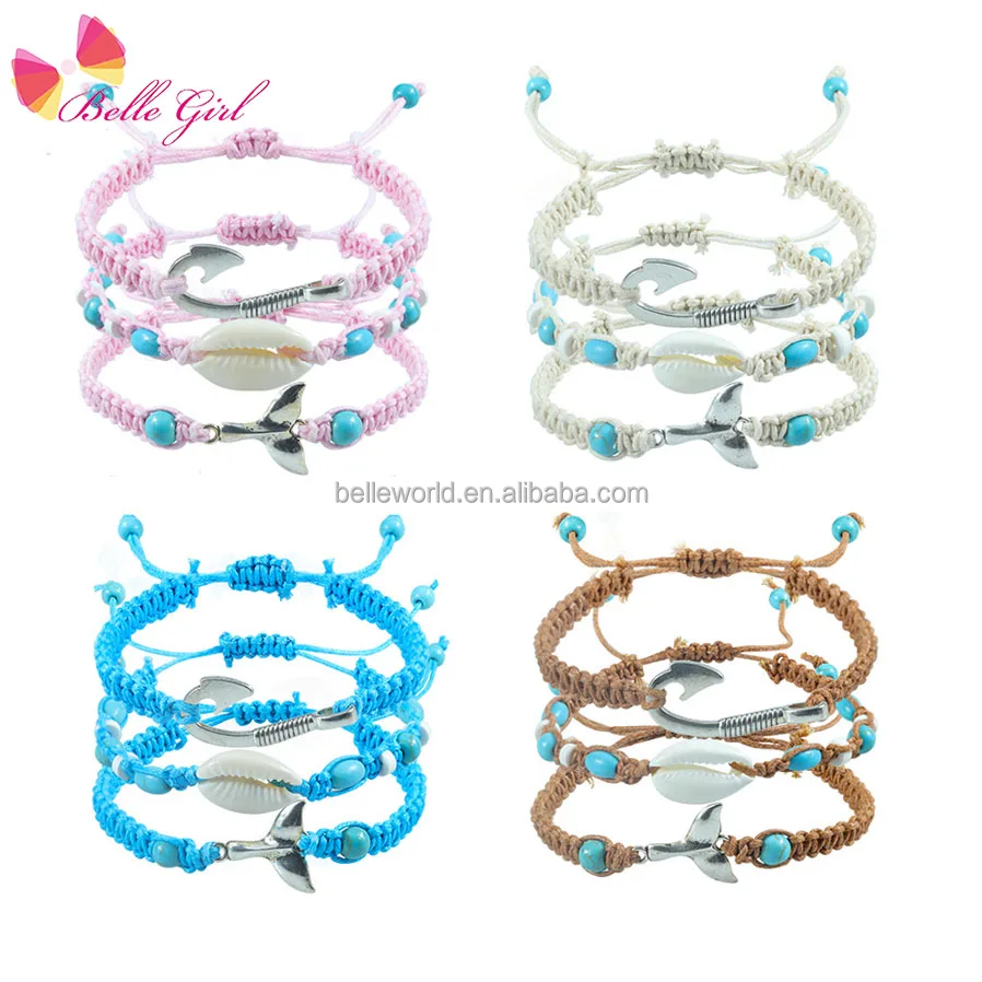 BELLEWORLD 3pcs a set artificial jewellery brazaletes for women trendy fish hook seashell beach knit adjustable hand bracelet
