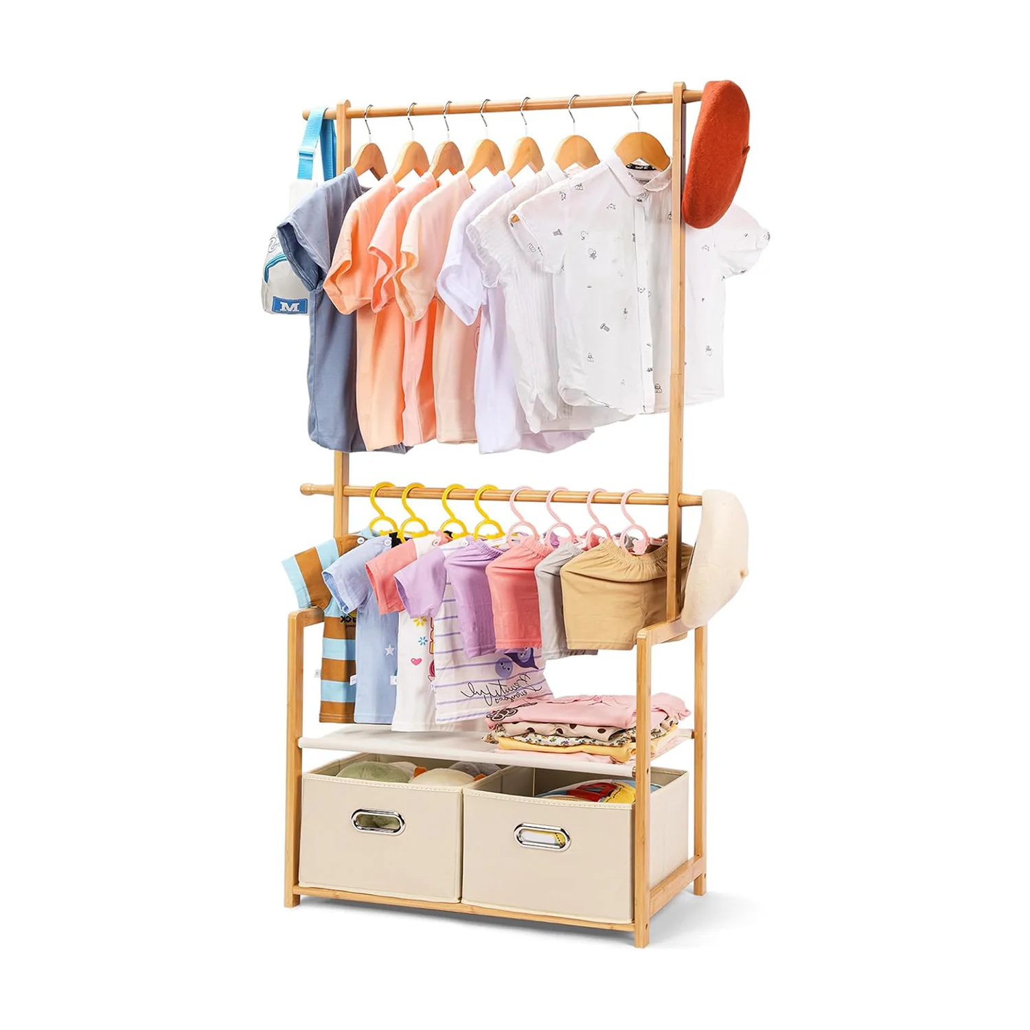 Kids Clothing Rack Bamboo Dress up Rack with 2 Storage Baskets and 2 Adjustable Hanging Rods Wood clothes racks