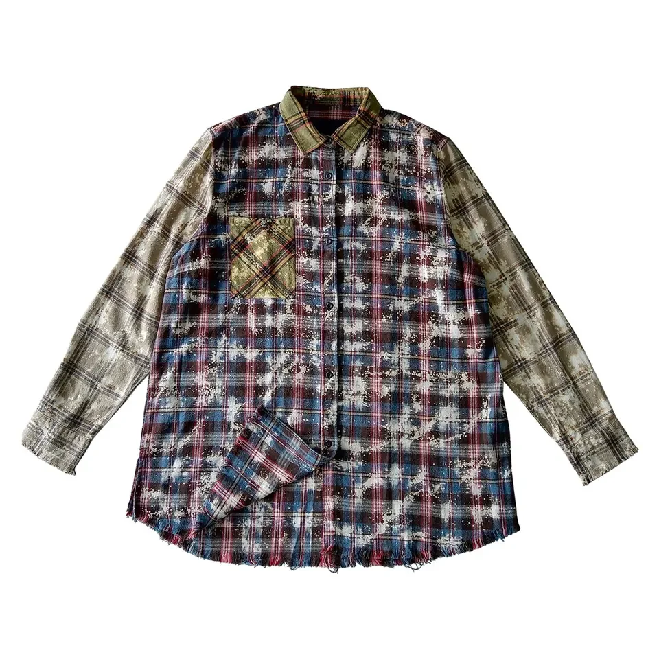 best men casual hip hop plaids long type custom logo embroidery distressed bleach flannel shirt