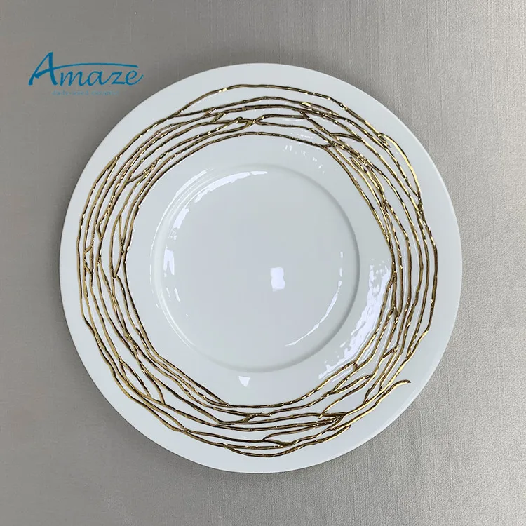 Dishwasher safe bright white minimalistic catering dinnerware dish gold rim decor restaurant salad pasta ceramic porcelain plate
