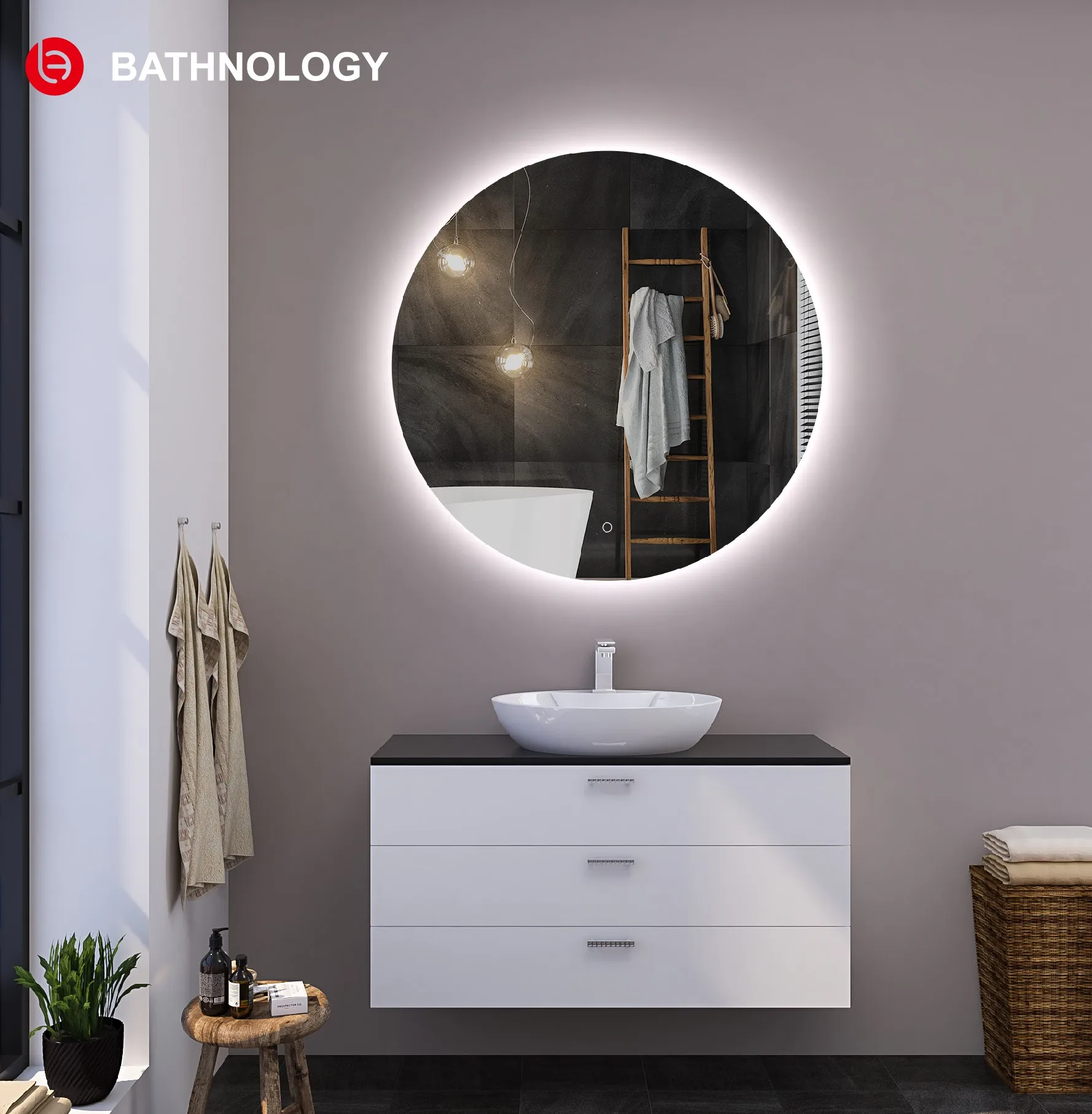 Modern round led mirror Anti-fog Function 5mm Double Screen Touch round design led mirror bathroom