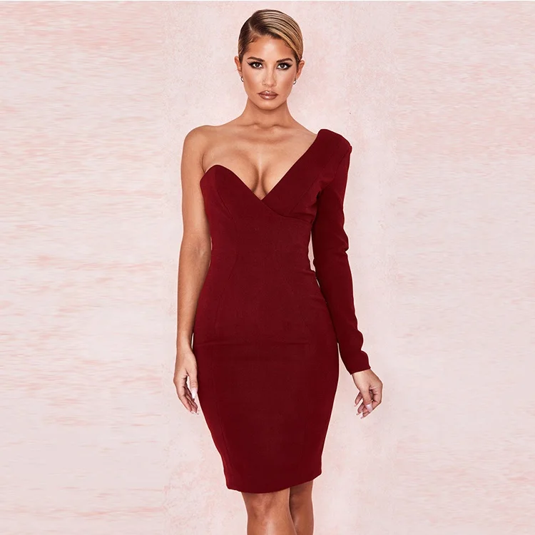Wine One Shouldered Wrap Sexy Red Dress