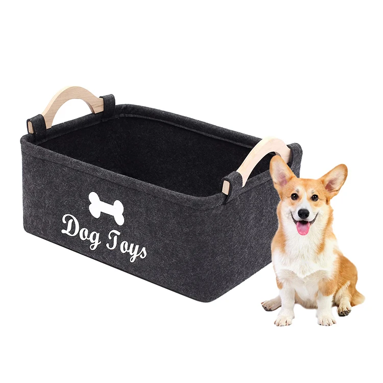 Selling Reasonable Price Foldable Felt Cat Dog Toys Box Pet Toy Storage Basket Chest With Wooden Handle