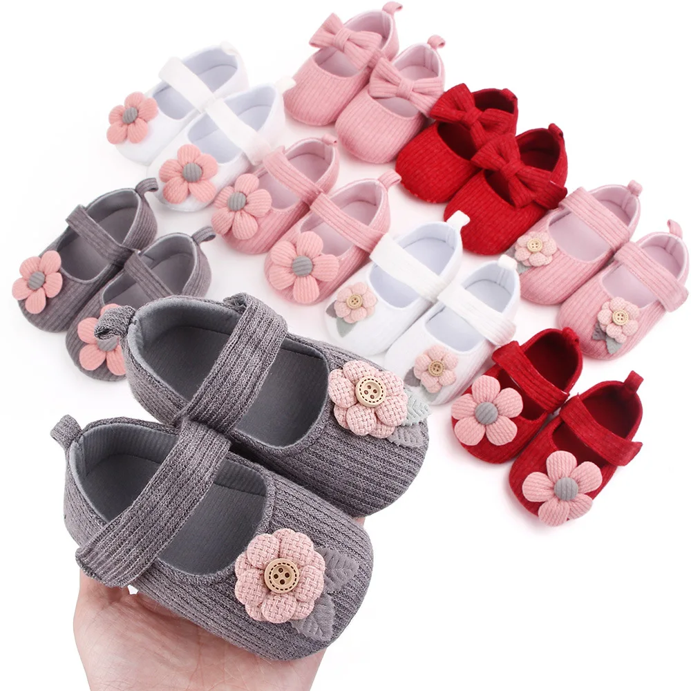 Spring and Autumn 0-1 year old baby princess shoes wool head flower baby shoes soft sole non-slip walking shoes