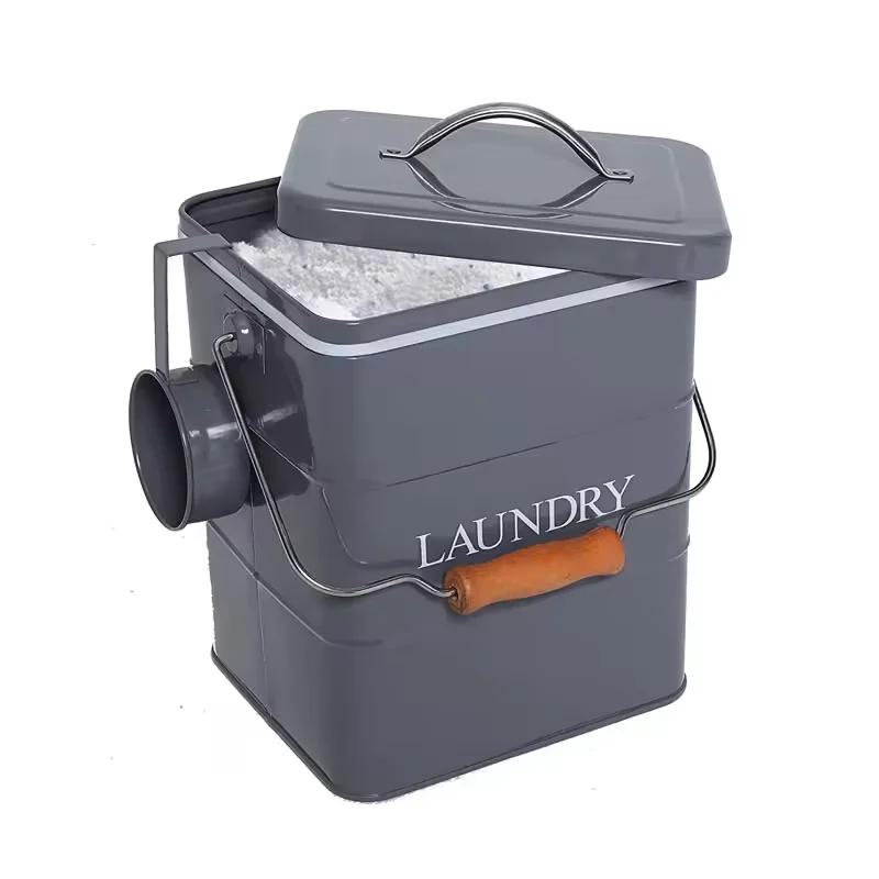 Laundry Room Organization Storage Home Metal Laundry Powder Box With Lid And Wooden Handle