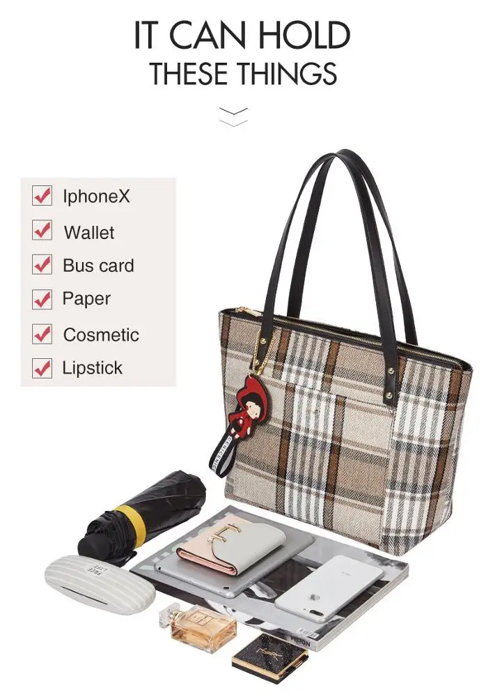 
AJI Large Capacity PU+Canvas Plaid Fashion Design Women Tote Bag European Shoulder Bags For Leisure 