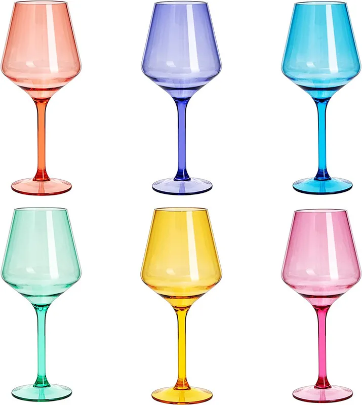 Stemmed Plastic Wine Glasses, Acrylic Glasses Drinkware, Unbreakable Colored , 6pcs -Shatterproof BPA-free plastic, Reusable
