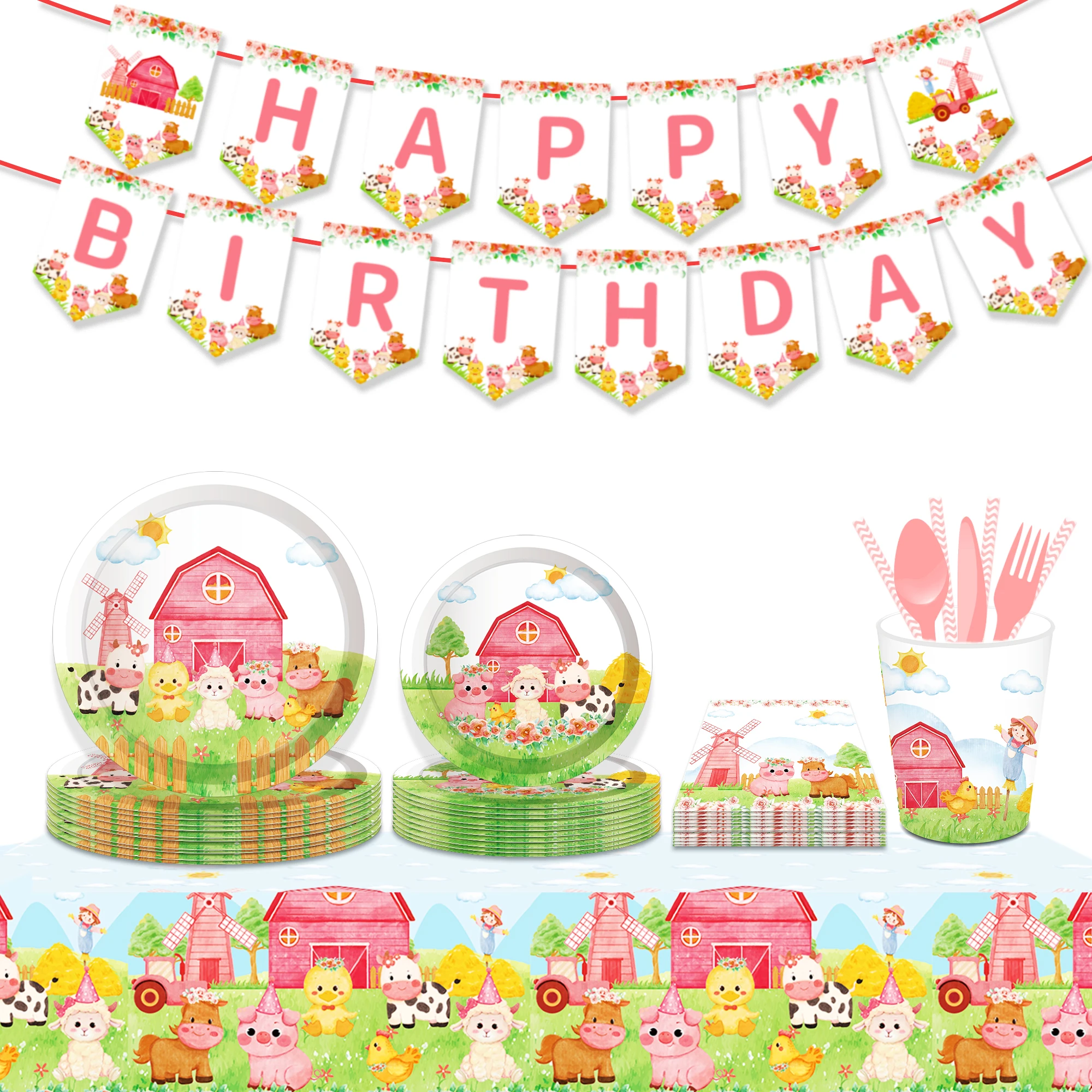Huancai, розовые принадлежности для сельскохозяйственных животных, принадлежности для вечеринки, бумажные тарелки, чашки, салфетки, набор одноразовой посуды для детей, украшения на день рождения
