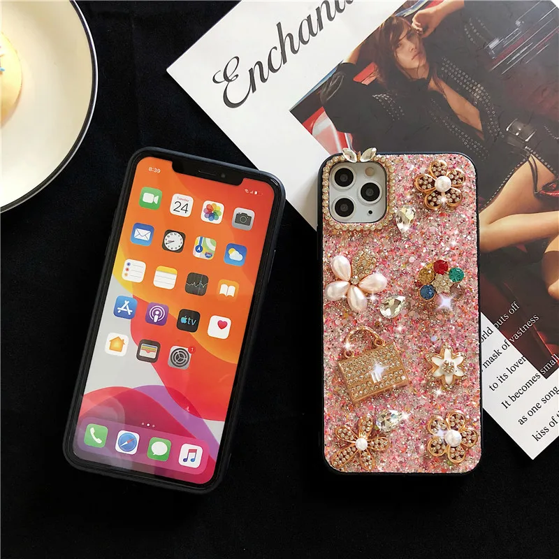 Luxury Women Bag Bling Glitter Sunflower Pearl Diamond Phone Cases For iphone 14 13 Pro Xs Max 12 11 XR 7 8 Plus Soft TPU Cover