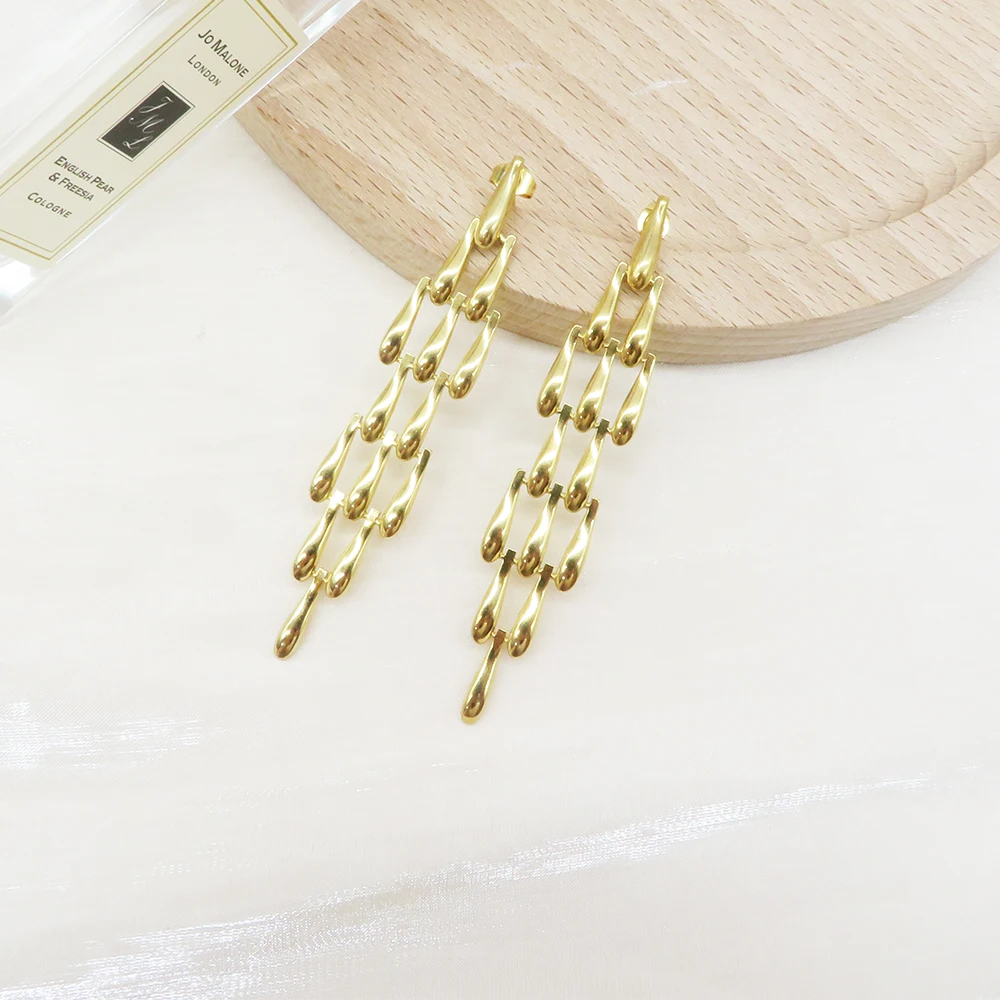 Hot Stainless Steel Waterdrop Dangle Earrings Chandelier Shape 18k Gold Plated Long Drop Stud Earrings