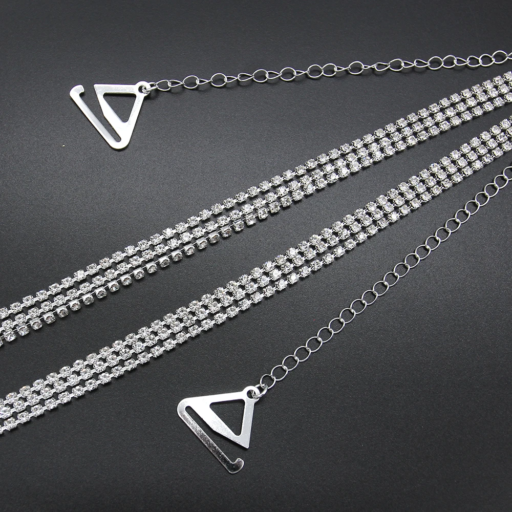 Custom Welding 3-Row Rhinestone Chain Party Dress Shoulder Strap Adjustable Crystal Black Bra Strap Fashion Jewelry Accessories