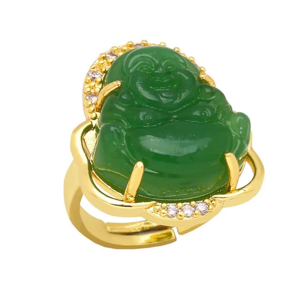 Hotest Inlaid CZ Edge Buddha Open Rings Real Gold Plated Colorful Glass Religious Maitreya Buddha Open Ring
