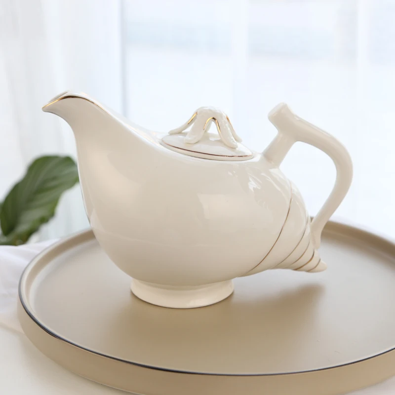 TP10 Sea Snail Design Ceramic Teapot Cup and Saucer with Gold Rim