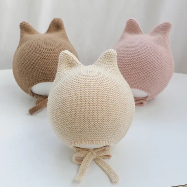 Winter Knitted Warm Baby Hat Cute Infant Baby Boy Girl Cap Ear Protection Hats Beanie Solid Color Kids Hat Bonnet