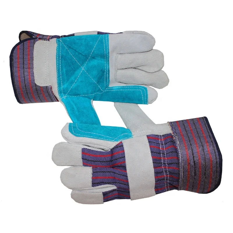 Yellow cow split leather Patch palm Yellow cotton drill back.Rubberized cuff.Half lining gloves luvas guantes Warehouse