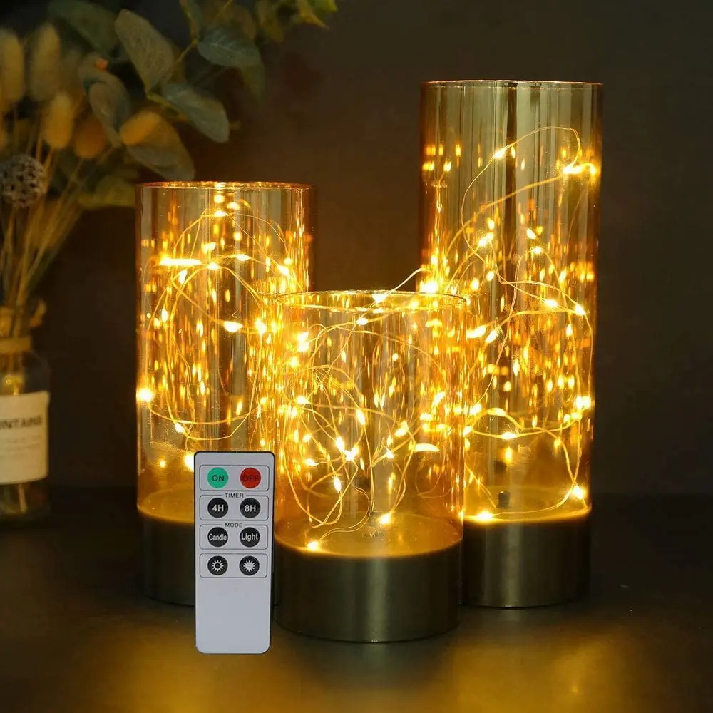 Set of 3  High Glass LED Candle Lights with fairy string Lights Battery Powered Remote Control for wedding,christmas decoration