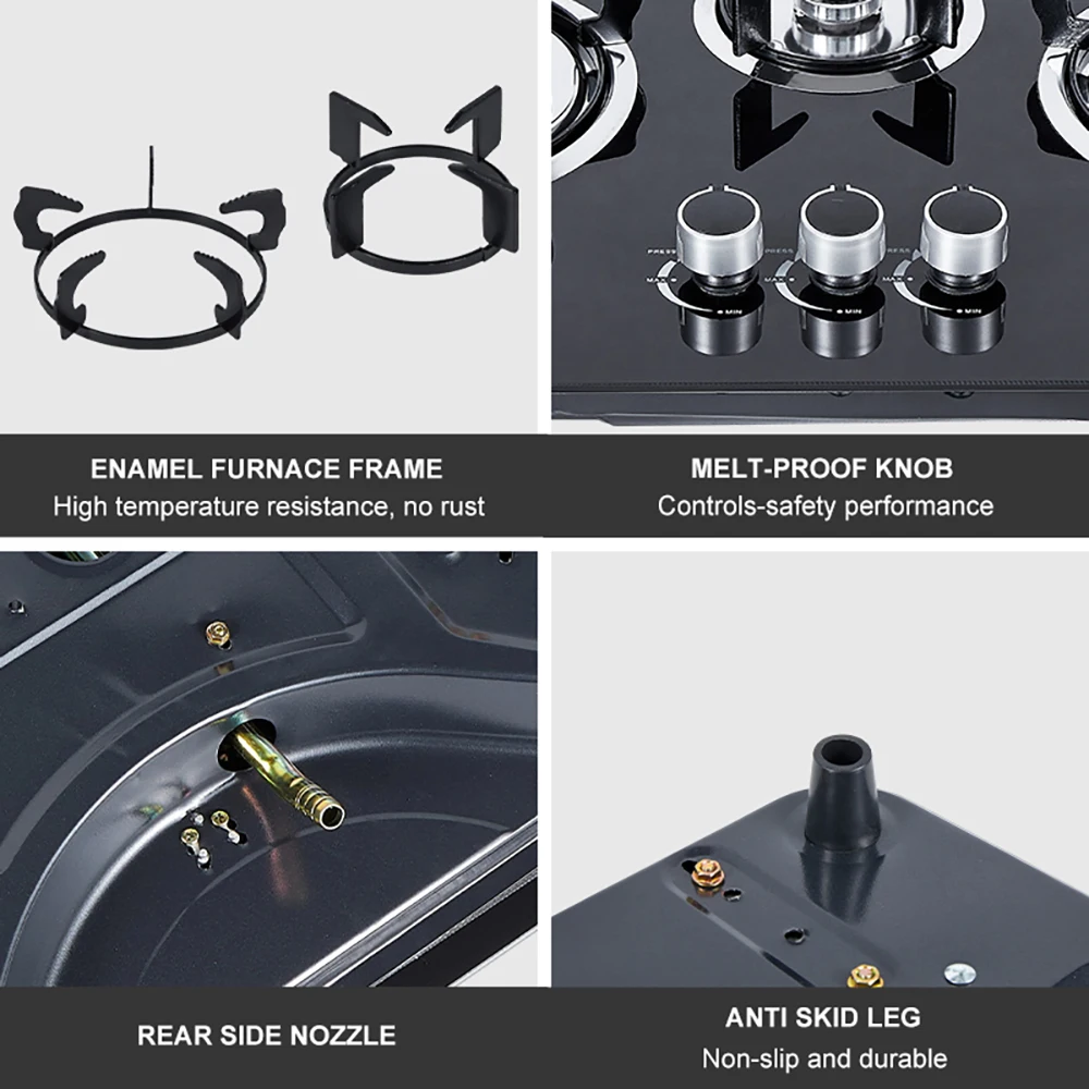 Professional Quality Custom Kitchen Built-in Glass Gas Stove Three Burner Cooktop Stove