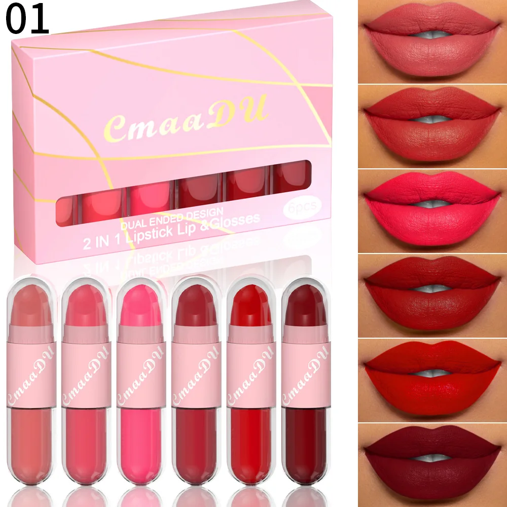 6Pcs/Box 2 in 1 Matte Liquid Lipstick+ Face Paint Set Lip Makeup Lasting Waterproof Velvet Sexy Dark Red Stick Kit