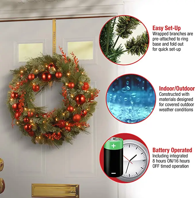 Artificial Pre-lit Christmas Wreath Decorative Collection Flocked with Mixed Decorations and LED Lights