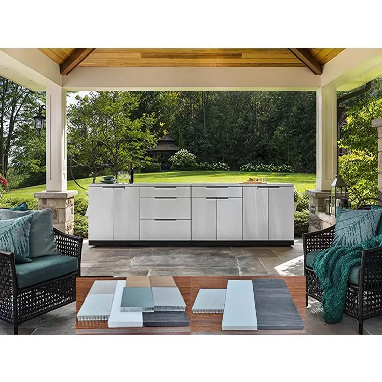 Timber Wood Color Pure White Grey Color Fireproof Waterproof Kitchen Cabinets Wardrobe Cabinet Garden Storage with Sink & Table